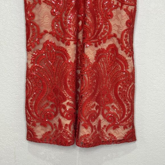Free People Romper Womens 0 Red Sequin Lace Mesh V Neck Spaghetti Straps Mini - Picture 6 of 12